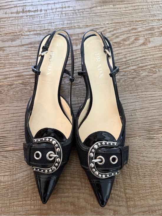 Prada Shoes - Prada Black Patent Leather Pointed Slingback Mules with Buckle